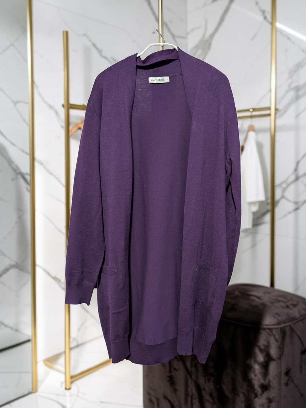 Grace Karin Purple Long Sleeve Open Front Duster Cardigan Sweater Pockets L EUC